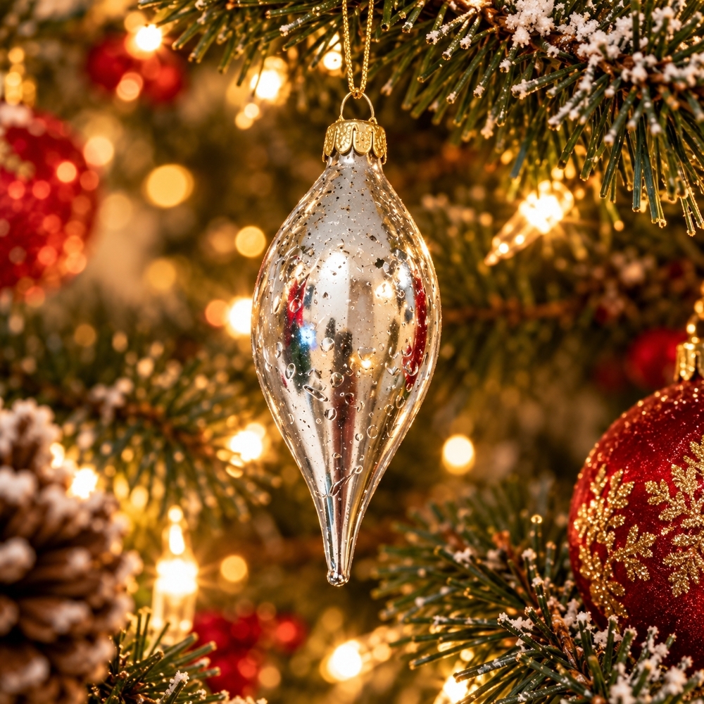 Vintage Silver Glitter Teardrop Christmas Ornament Glass Xmas Decor